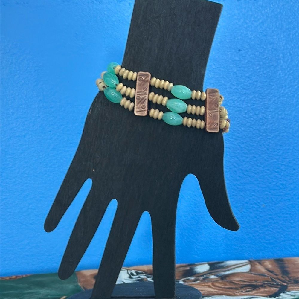 Faux Wood & Pale Green Teal Glass Bead Stretch Bracelet – Boho Jewelry